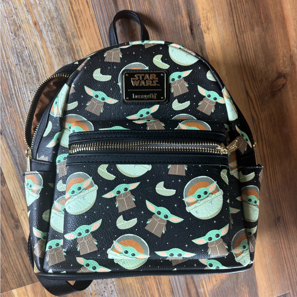 Loungefly Black Mini Backpack with Mint-Green Baby Yoda (Grogu) Print